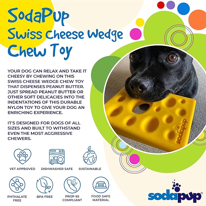 SodaPup Swiss Cheese Wedge – Durable Dog Chew Toy Made in USA from Non-Toxic, Pet Safe, Food Safe Nylon for Mental Stimulation, Clean Teeth, Fresh Breath, Problem Chewing, Calming Nerves & More