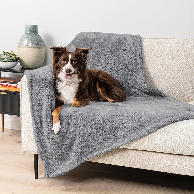 PetAmi Fluffy Waterproof Dog Blanket for Small Medium Dogs, Soft Warm Pet Sherpa Throw Pee Proof Couch Cover, Reversible Cat Puppy Bed Blanket Sofa Protector, Plush Washable Pad (Light Grey, 24x32)