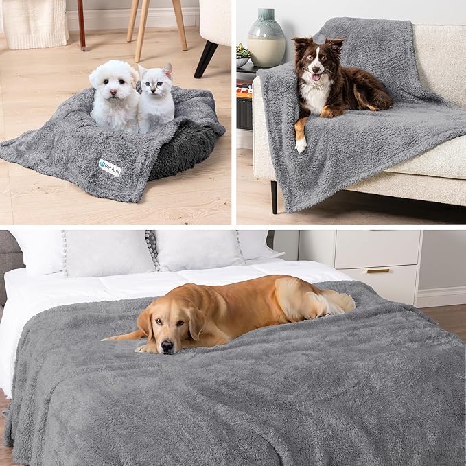 PetAmi Fluffy Waterproof Dog Blanket for Small Medium Dogs, Soft Warm Pet Sherpa Throw Pee Proof Couch Cover, Reversible Cat Puppy Bed Blanket Sofa Protector, Plush Washable Pad (Light Grey, 24x32)