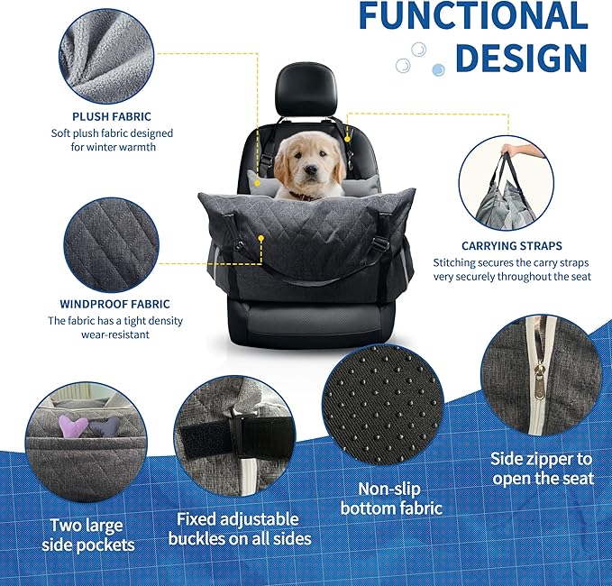 Johnear Dog Car Seat for Medium Dog Under 55 lbs, Winter Warm Pet Booster Seat Pet Travel Car Bed with 2 Pockets and Safety Leash,Detachable and Waterproof Dog Carrier Handbag Plush Seat Cushion Gray