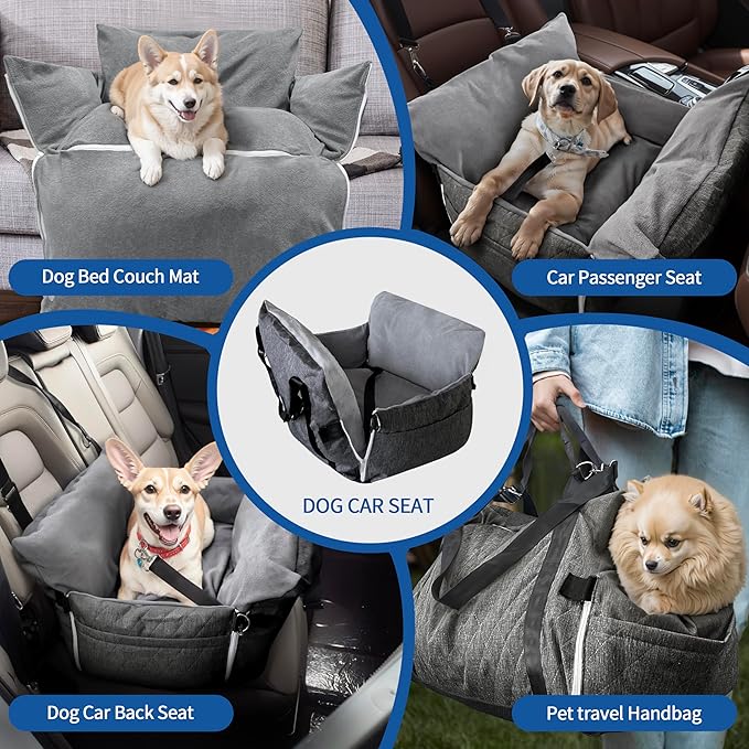 Johnear Dog Car Seat for Medium Dog Under 55 lbs, Winter Warm Pet Booster Seat Pet Travel Car Bed with 2 Pockets and Safety Leash,Detachable and Waterproof Dog Carrier Handbag Plush Seat Cushion Gray