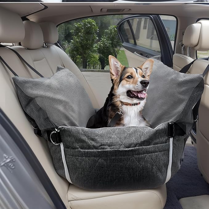 Johnear Dog Car Seat for Medium Dog Under 55 lbs, Winter Warm Pet Booster Seat Pet Travel Car Bed with 2 Pockets and Safety Leash,Detachable and Waterproof Dog Carrier Handbag Plush Seat Cushion Gray