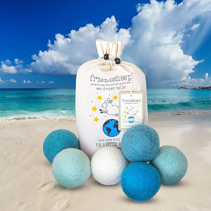 Friendsheep Ocean Wool Dryer Balls Blue 6 Pack XL Organic Premium Reusable Cruelty Free Handmade Fair Trade No Lint Fabric Softener Color, 6 Count