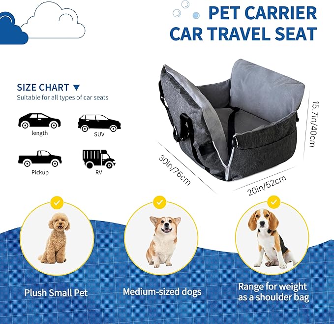 Johnear Dog Car Seat for Medium Dog Under 55 lbs, Winter Warm Pet Booster Seat Pet Travel Car Bed with 2 Pockets and Safety Leash,Detachable and Waterproof Dog Carrier Handbag Plush Seat Cushion Gray