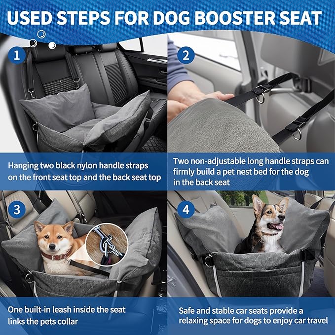 Johnear Dog Car Seat for Medium Dog Under 55 lbs, Winter Warm Pet Booster Seat Pet Travel Car Bed with 2 Pockets and Safety Leash,Detachable and Waterproof Dog Carrier Handbag Plush Seat Cushion Gray