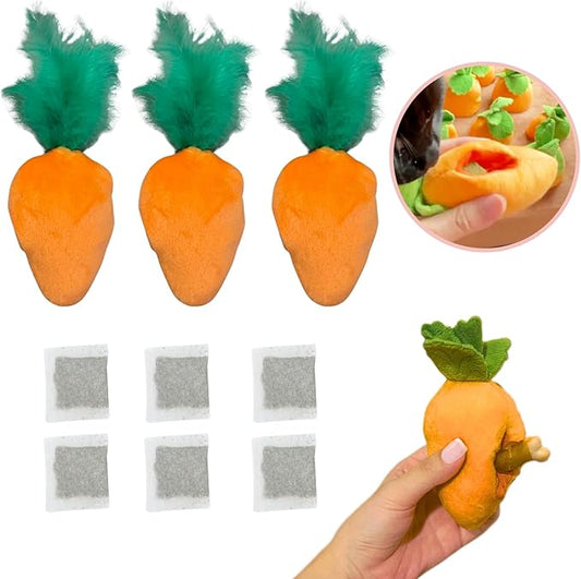4 Pack Cat Carrot Feather Toy, Catnip Refillable Toys, Cat Kicker Toy with Treat Pockets and 6 Catnip Pouches