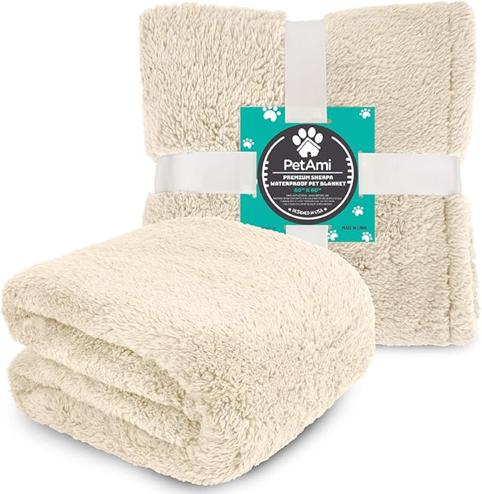PetAmi Fluffy Waterproof Dog Blanket for Bed Large Dogs, Soft Warm Pet Sherpa Throw Pee Proof Couch Cover, Reversible Cat Blanket Sofa Crate Kennel Protector, Washable Mat (Beige Cream, 60x80)