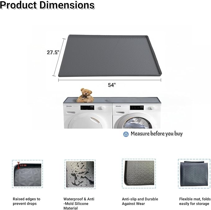 54'' x 27.5'' Washer and Dryer Covers for the Top, Silicone Washing Machine Cover, Dryer Top Protector Mat, Washer Dryer Countertop, Perfect for Laundry Room, Kitchen, Home Use, Grey 1Pack