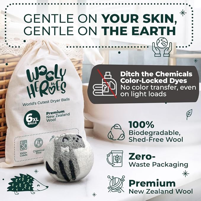 No More Dryer Sheets - Wool Dryer Balls - XL 6-Pack - Eco Dryer Balls - Dryer Balls Laundry Reusable - Softens Laundry Naturally - Reduces Drying Time & Static - with Storage Bag
