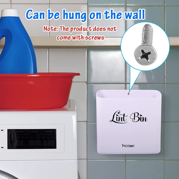 Picowe Magnetic Laundry Storage, Large Lint Holder Bin for Laundry Room, Space-Saving Trash Container Hanging on Dryer, Washer or Wall Mount (Gray White)