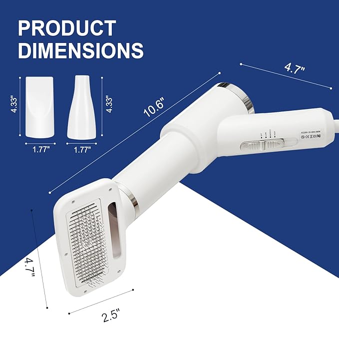 Portable Dog Hair Dryer with Brush – 300W, 3 Heat Settings, Quiet, Overheat Protection for Small Medium Pets