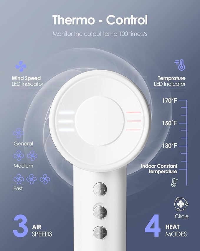 Hair Dryer -Bopcal Ionic Blow Dryer, 500 Million Ions Fast Drying, Low-Noise Hairdryer, 3 Speeds & 4 Temps with Travel Size for Professional Styling at Home/Salon