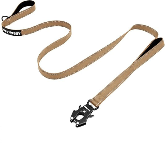Strong Heavy Duty Dog Leash - 5ft Reflective Nylon Training Leash with Soft Padded Double Handle & Auto Lock Frog Clip - Safety Traffic Control for Large Medium Small Dogs No Pull Walk Khaki,5ft