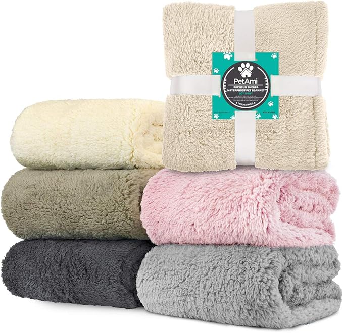 PetAmi Fluffy Waterproof Dog Blanket for Bed Large Dogs, Soft Warm Pet Sherpa Throw Pee Proof Couch Cover, Reversible Cat Blanket Sofa Crate Kennel Protector, Washable Mat (Beige Cream, 60x80)