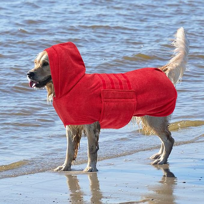 Geyecete Dog Drying Coats with Hood - Absorbent Robe Towel - Microfibre Fast Drying Super Absorbent - Red - XXL