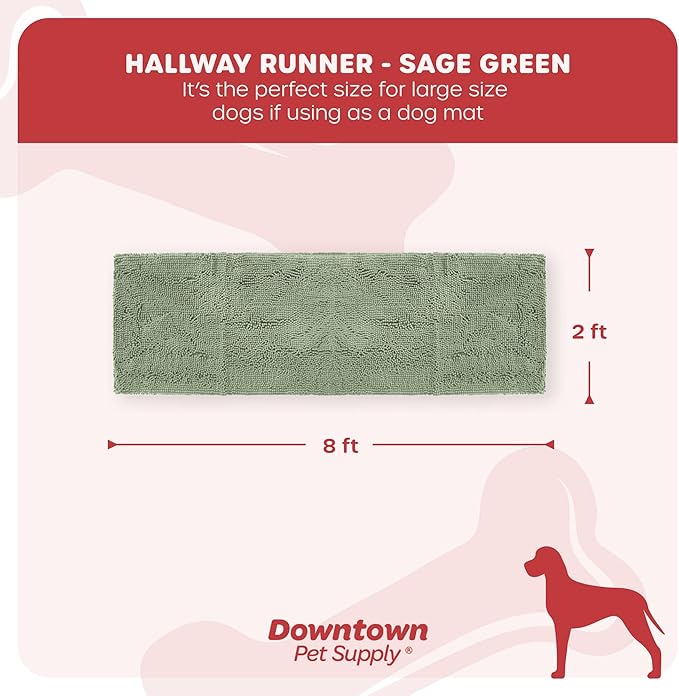 My Doggy Place Microfiber Dog Mat for Muddy Paws, 8' x 2' Sage - Non-Slip, Absorbent and Quick-Drying Dog Paw Cleaning Mat, Washer and Dryer Safe - Hallway Runner