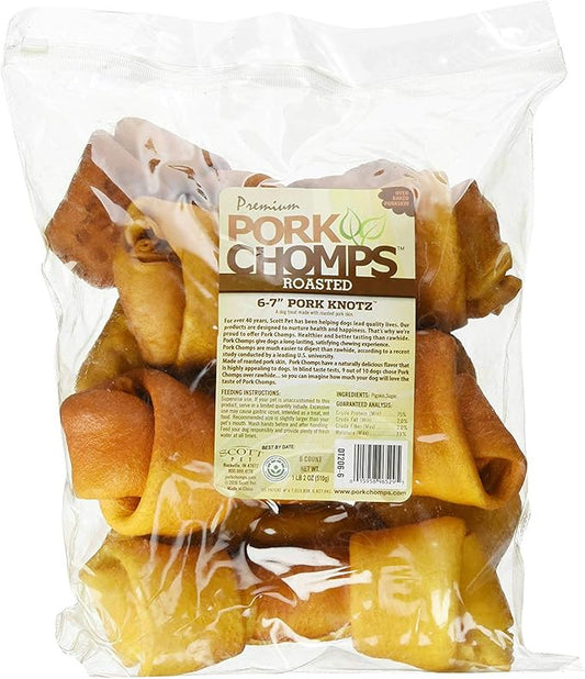 Pork Chomps Roasted Pork Skin Dog Chews, 6-inch Knots, 6 Count