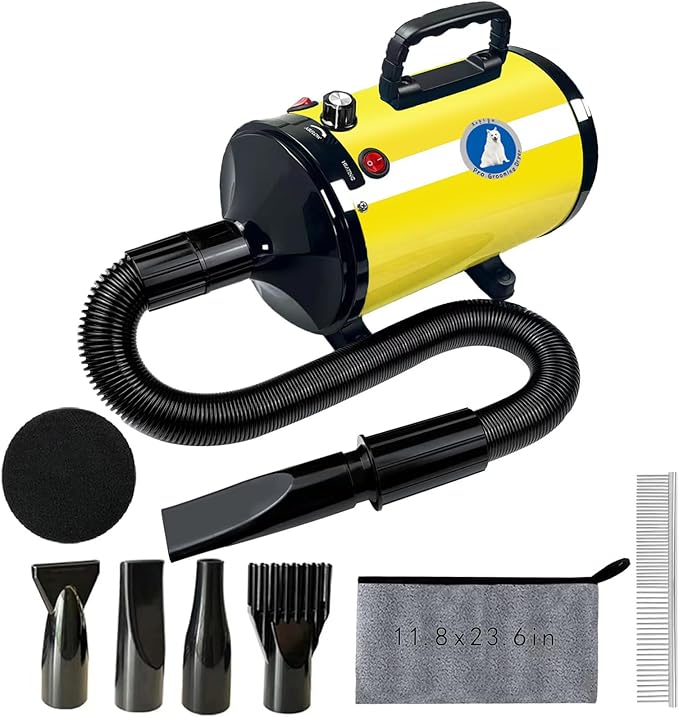 Dog Dryer for Pet Grooming, Dog Blow Dryer and Temperature Control Pet Blower Dryer with 4 Different Nozzles (Yellow)