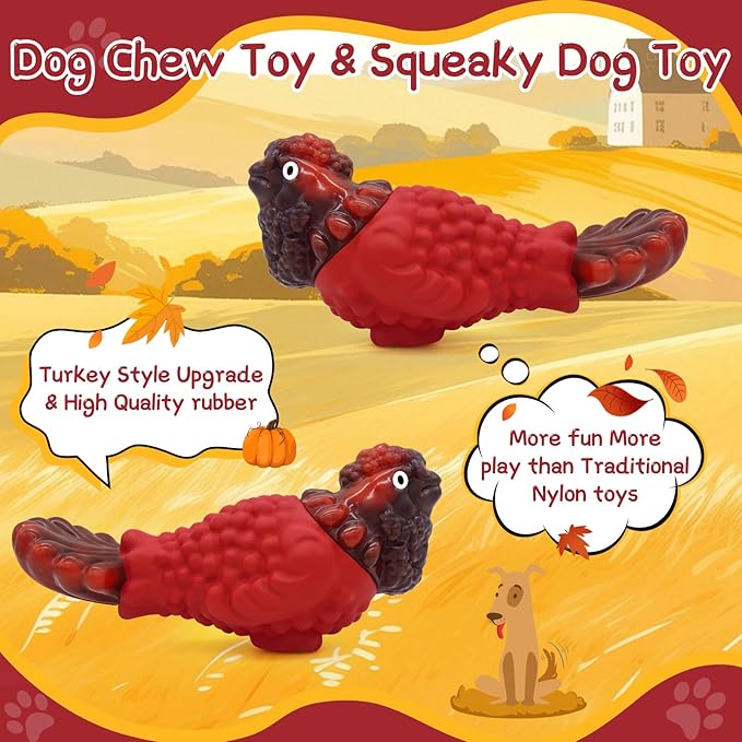 WinTour Tough Dog Toys for Aggressive Chewers, Durable and Indestructible Dog Toys to Keep Them Busy, Turkey Squeaky Chew Toys for Medium and Large Dogs, Red