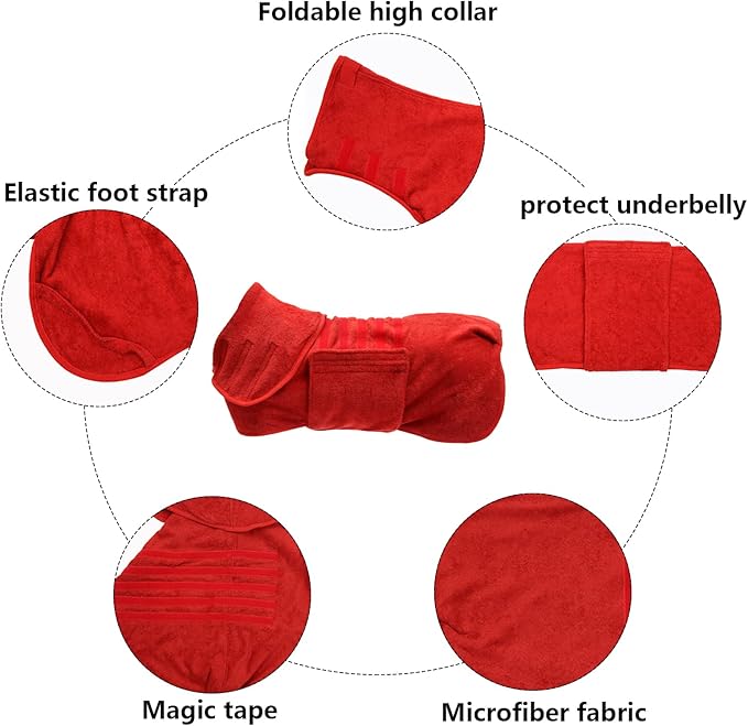 Geyecete Dog Drying Coat - Fast Drying Bathrobe Towel - Microfibre Super Absorbent Pet Cat Bath Robe - Red - M