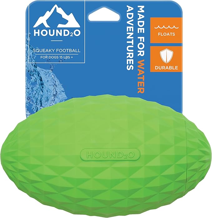 Hound2O Outdoor Dog Toys - Squeaky Football, Green - Tough, Engaging, & Interactive Toy for All Breeds- Chew, Chase, & Fetch - Durable Non-Toxic Materials That Float - Easy to Clean for Outdoor Play