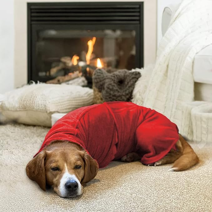 Geyecete Dog Drying Coat - Fast Drying Bathrobe Towel - Microfibre Super Absorbent Pet Cat Bath Robe - Red - M