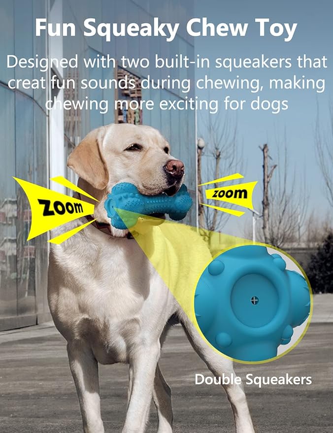 SCHITEC Squeaky Dog Chew Toy, Tough Durable Natural Rubber Bone with Toothbrush, Indestructible for Aggressive Chewers Large Medium Breed Teeth Cleaning