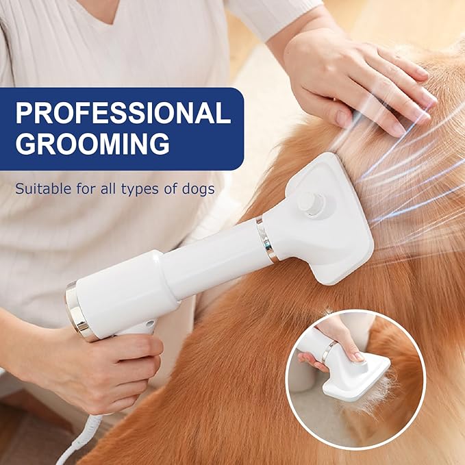Portable Dog Hair Dryer with Brush – 300W, 3 Heat Settings, Quiet, Overheat Protection for Small Medium Pets