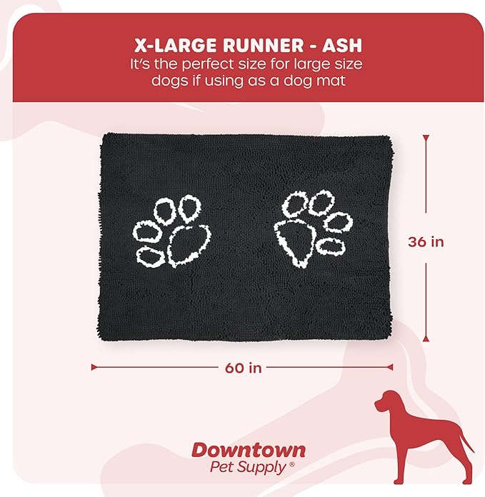 My Doggy Place Microfiber Dog Mat for Muddy Paws, 60" x 36" Ash with Paw Print - Non-Slip, Absorbent and Quick-Drying Dog Paw Cleaning Mat, Washer and Dryer Safe - X-Large/Runner