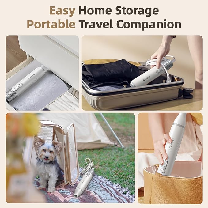 Dog Blow Dryer for Pet Grooming Handheld Lightweight Dog Cat Hair Dryer 3 Speeds 4 Temp, Portable 3HP High Velocity Pet Blower Quiet Dryer for Travel Campaign Home, with 3 Nozzles, White