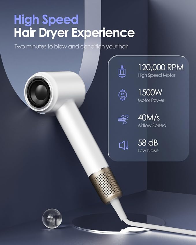 Hair Dryer -Bopcal Ionic Blow Dryer, 500 Million Ions Fast Drying, Low-Noise Hairdryer, 3 Speeds & 4 Temps with Travel Size for Professional Styling at Home/Salon