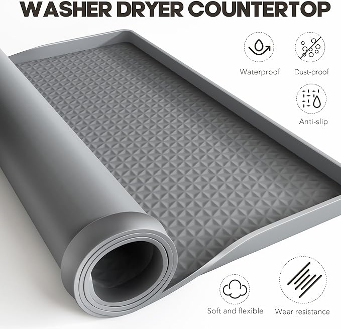 Washer Dryer Countertop, 51.2" x 25.6" Large Washer and Dryer Covers for The Top, Non-Slip Waterproof Silicone Dryer Top Protector Mat, Washer Dryer Topper for Laundry Room Kitchen Home（Gray）