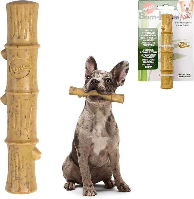 SPOT Bam-Bones Plus Bamboo Stick - Bamboo Fiber & Nylon, Durable Long Lasting Dog Chew for Aggressive Chewers – Great Toy for Adult Dogs & Puppies Under 90lbs, Non-Splintering, 9.5in, Chicken Flavor