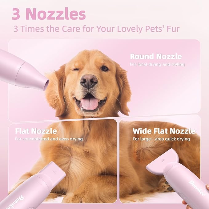 Dog Blow Dryer for Pet Grooming Handheld Lightweight Dog Cat Hair Dryer 3 Speeds 4 Temp, Portable 3HP High Velocity Pet Blower Quiet Dryer for Travel Campaign Home, with 3 Nozzles, Pink