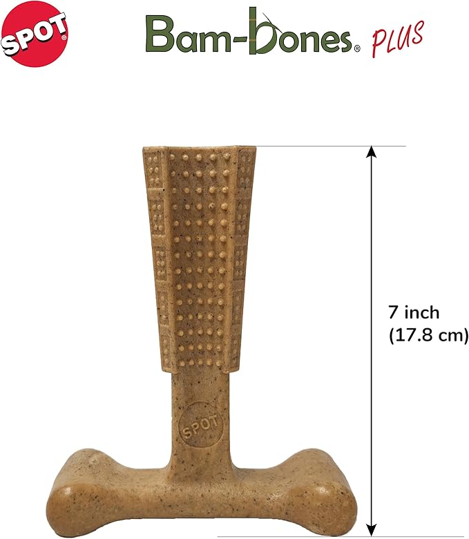 SPOT Bam-Bones Plus T-Bone, Bamboo Fiber & Nylon Dog Chew, Durable for Aggressive Chewers, Non-Splintering, for Adult Dogs & Teething Puppies Under 90lbs, 7in, Chicken Flavor