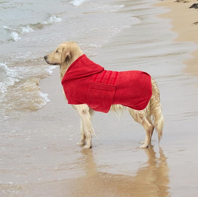 Geyecete Dog Drying Coats with Hood - Absorbent Robe Towel - Microfibre Fast Drying Super Absorbent - Red - XXL