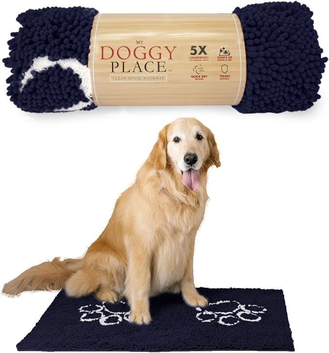 My Doggy Place Microfiber Dog Mat for Muddy Paws, 36" x 26" Navy Blue With Paw Print - Absorbent, Quick-Drying, Washer and Dryer Safe - Non-Slip Rubber Backed Pet Cleaning Mat, Large