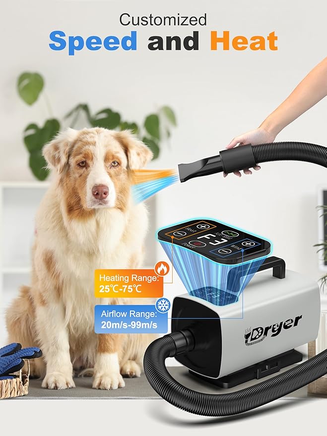 Dog Blow Dryer for Pet Grooming, 5.0HP High-velocity Professional Pet Air Force Dryer with Adjustable Wind and Heater, 3 Timing Auto Speed Powerful Pet Hair Dryer with 3 Nozzles, Touch Screen Control