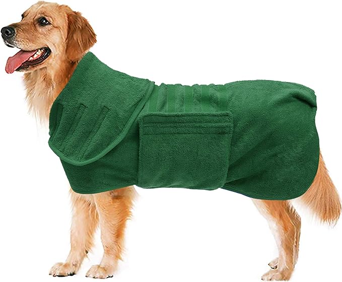 Geyecete Dog Drying Coat - Super Absorbent Pet Dog Cat Bath Robe Towel, Microfibre Fast Drying Towel, Luxuriously Soft - Green - L