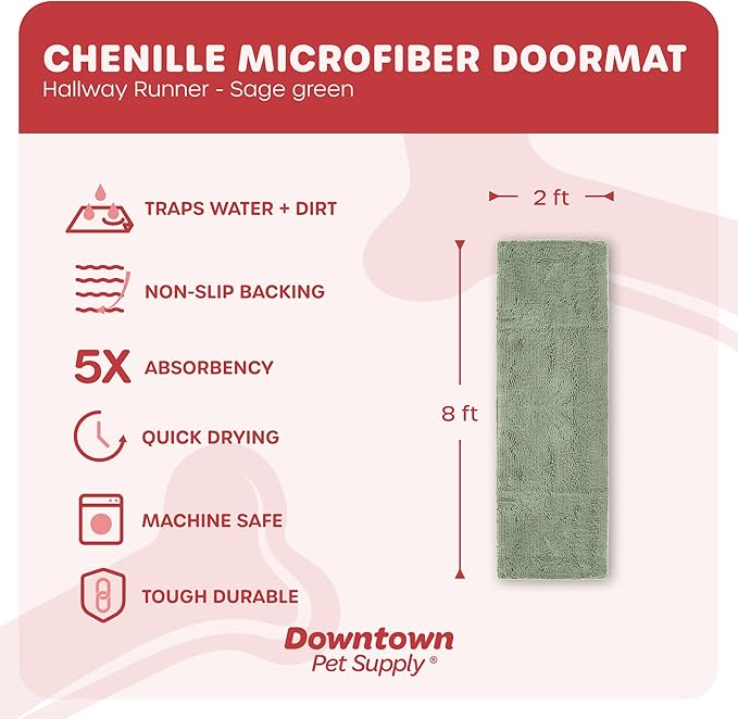 My Doggy Place Microfiber Dog Mat for Muddy Paws, 8' x 2' Sage - Non-Slip, Absorbent and Quick-Drying Dog Paw Cleaning Mat, Washer and Dryer Safe - Hallway Runner