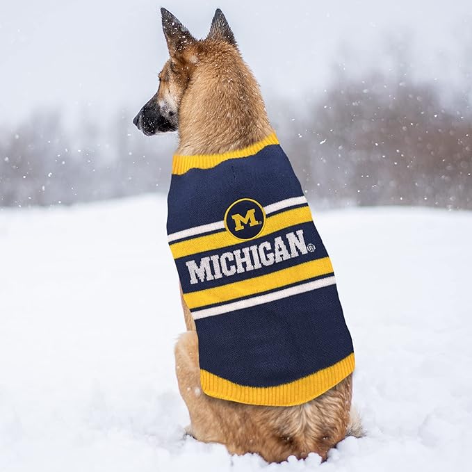 NCAA Michigan Wolverines Dog Sweater, Size Small. Warm and Cozy Knit Pet Sweater with NCAA Team Logo, Best Puppy Sweater for Large and Small Dogs