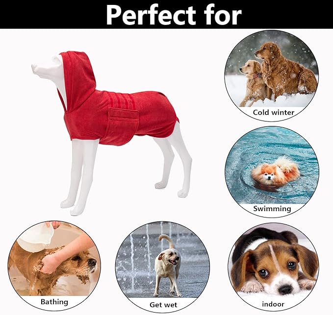 Geyecete Dog Drying Coats with Hood - Absorbent Robe Towel - Microfibre Fast Drying Super Absorbent - Red - XXL