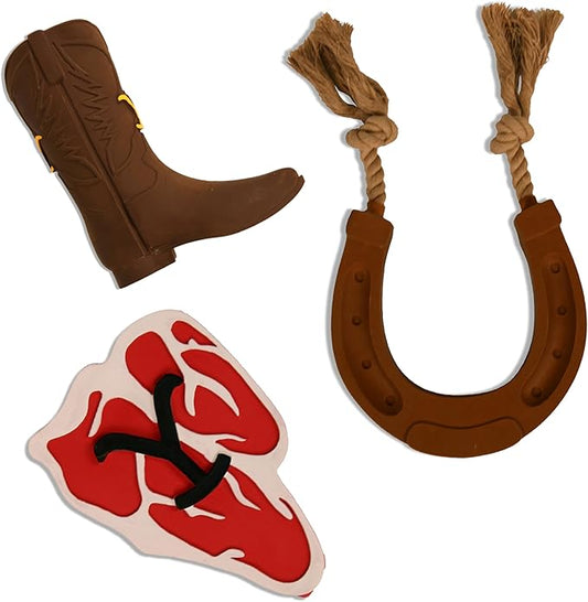 Official Yellowstone Merchandise | Toy Bundle - Variety Gift Set for Yellowstone Fans with Dogs | Squeaky Toys Include Branded Beef Steak, Western Horseshoe, and Cowboy Boot
