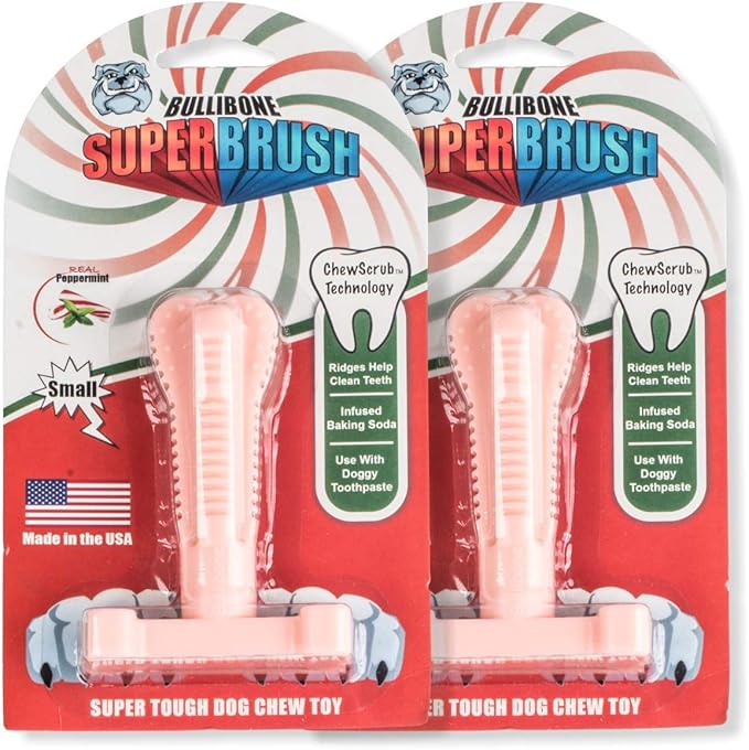 Bullibone SuperBrush: Dog Teeth Cleaning Brushing Toothbrush Stick - Long Lasting Nylon Pink Peppermint Chew Toy for Oral Care and Dental Health