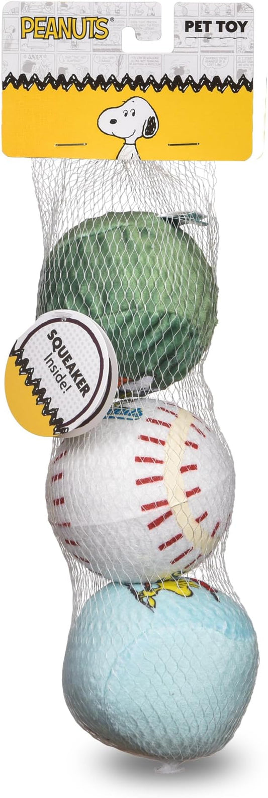 Snoopy The Athlete Multi-Material Dog Ball Toy, 3-Pack - Squeaky, Interactive Dog Toys with Multiple Textures, Perfect for Fetch and Chew - Featuring Snoopy and Woodstock Designs