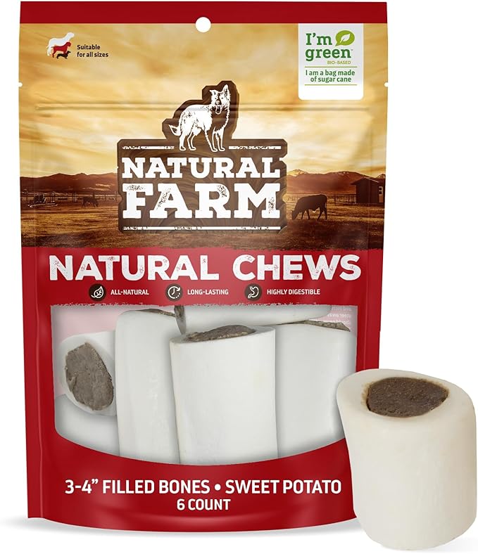 Natural Farm Sweet Potato Filled Bones (3-4 Inch, 6 Pack), Limited Ingredient, Natural Stuffed Dental Dog Bone Treats for Dogs, Made with Real Beef & Sweet Potato
