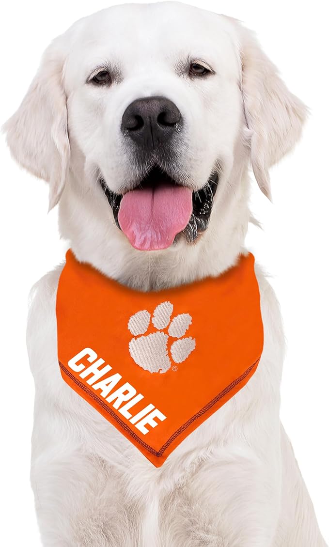 NCAA Clemson Tigers Personalized Tie Bandana for Dogs & Cats, Size Large/X-Large. Custom Dog Bandana Scarf Bib for Pet Cat Dog. The Ultimate Game-Day & Party Customizable Bandana