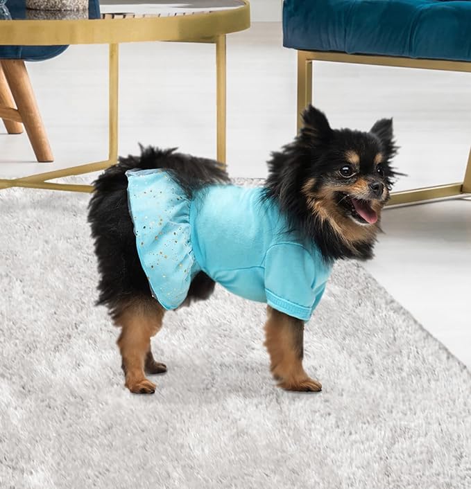 Juicy Couture Turquoise Tulle Sequin Dog Dress – Pullover Design Puppy Shirt with Elasticated Waistline and Flared Skirt, Doggie Clothes for Convenient Bathroom Breaks, X-Small (2-4 lbs.)