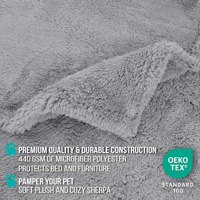 PetAmi Fluffy Waterproof Dog Blanket for Bed Large Dogs, Soft Warm Pet Sherpa Throw Pee Proof Couch Cover, Reversible Cat Blanket Sofa Crate Kennel Protector, Washable Mat (Light Grey, 60x80)