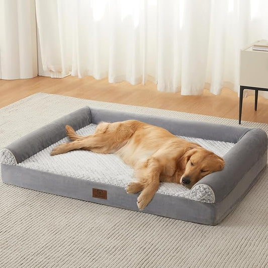 Orthopedic Dog Beds for Extra Large Dogs, Waterproof Memory Foam XL Pet Bed with Sides, Non-Slip and Egg-Crate Foam Big Dog Couch Bed with Washable Removable Cover, Grey
